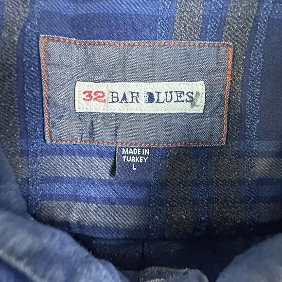 32 Bar Blues Shirt Mens Large Blue Plaid Textured Long Sleeve Button Down Shirt - Picture 11 of 13